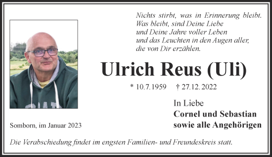 Traueranzeige von Ulrich Reus von Gelnhäuser Neue Zeitung