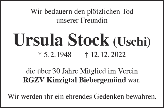 Traueranzeige von Ursula Stock von Gelnhäuser Neue Zeitung