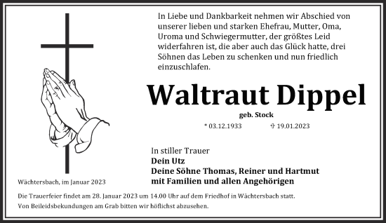 Traueranzeige von Waltraut Dippel von Gelnhäuser Neue Zeitung