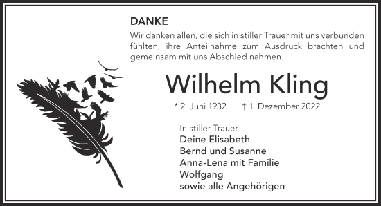 Traueranzeige von Wilhelm Kling von Gelnhäuser Neue Zeitung