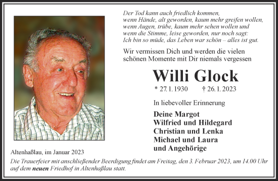 Traueranzeige von Willi Glock von Gelnhäuser Neue Zeitung