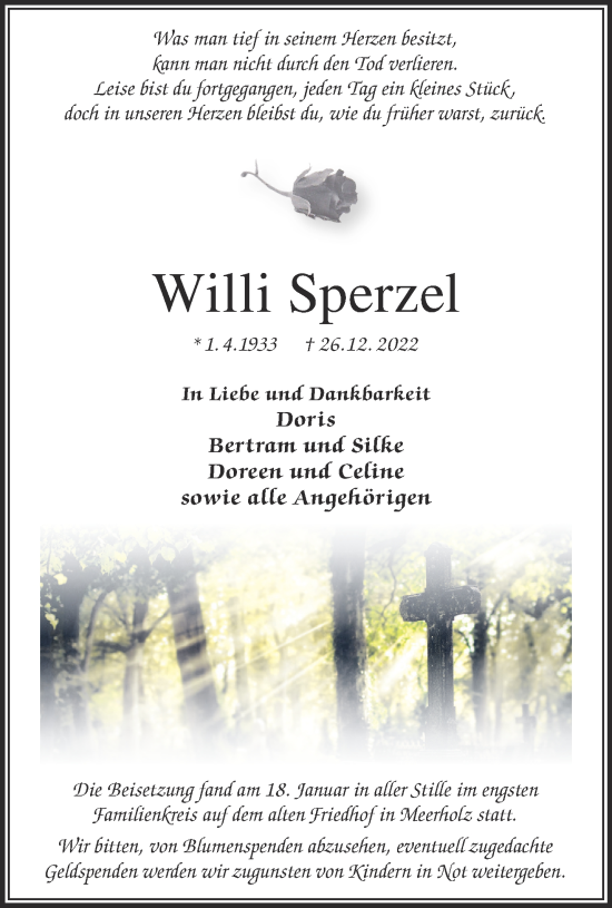 Traueranzeige von Willi Sperzel von Gelnhäuser Neue Zeitung