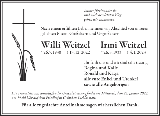 Traueranzeige von Willi und Irmi Weitzel von Mittelhessen-Bote