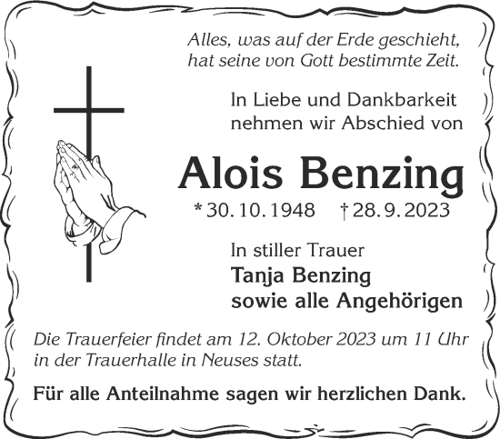 Traueranzeige von Alois Benzing von Gelnhäuser Neue Zeitung