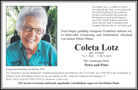 Traueranzeige von Coleta Lotz von Mittelhessen-Bote