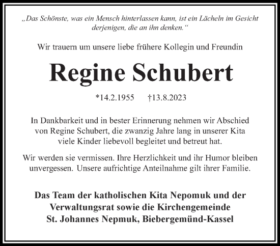 Traueranzeige von Regine Schubert von Gelnhäuser Neue Zeitung