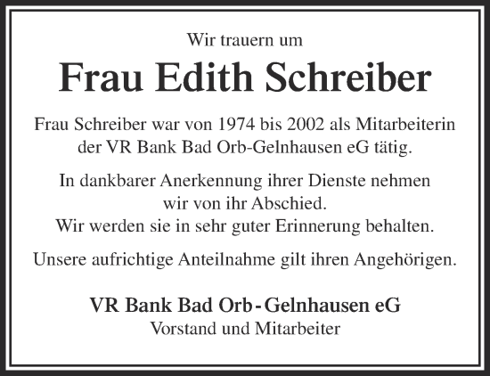 Traueranzeige von Edith Schreiber von Mittelhessen-Bote