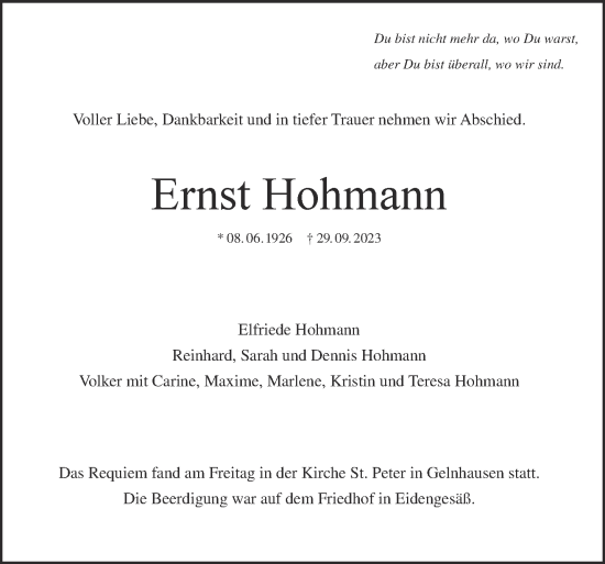 Traueranzeige von Ernst Hohmann von Mittelhessen-Bote