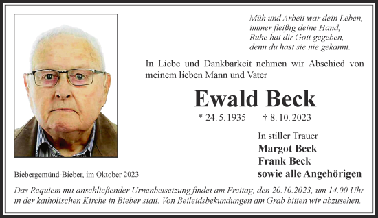 Traueranzeige von Ewald Beck von Gelnhäuser Neue Zeitung