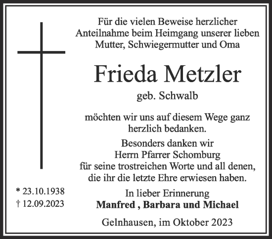 Traueranzeige von Frieda Metzler von Mittelhessen-Bote