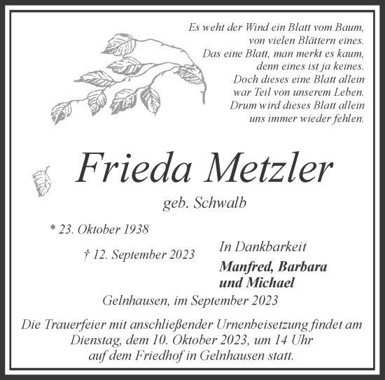 Traueranzeige von Frieda Metzler von Mittelhessen-Bote