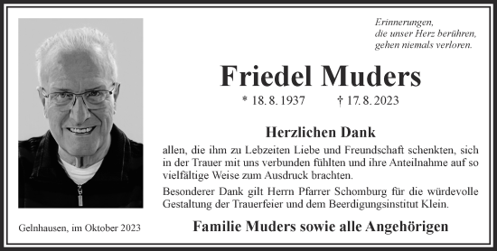 Traueranzeige von Friedel Muders von Gelnhäuser Neue Zeitung