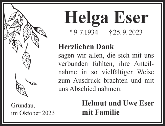 Traueranzeige von Helga Eser von Gelnhäuser Neue Zeitung