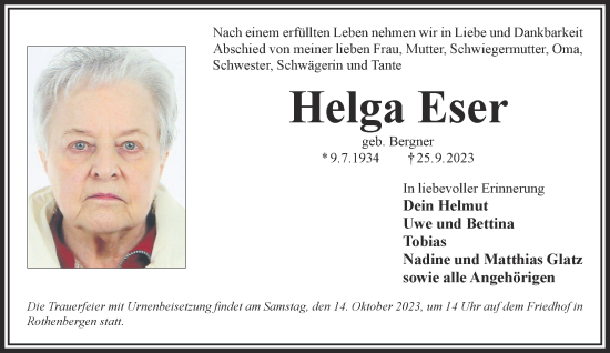 Traueranzeige von Helga Eser von Gelnhäuser Neue Zeitung