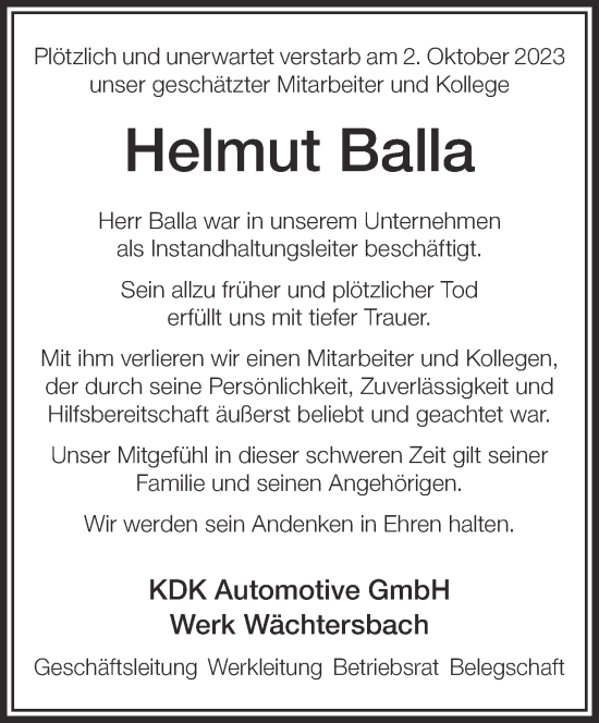 Traueranzeige von Helmut Balla von Gelnhäuser Neue Zeitung