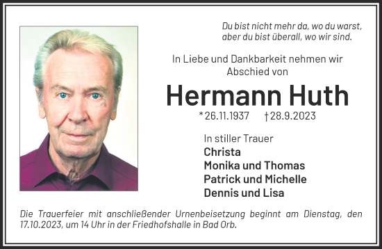 Traueranzeige von Hermann Huth von Gelnhäuser Neue Zeitung