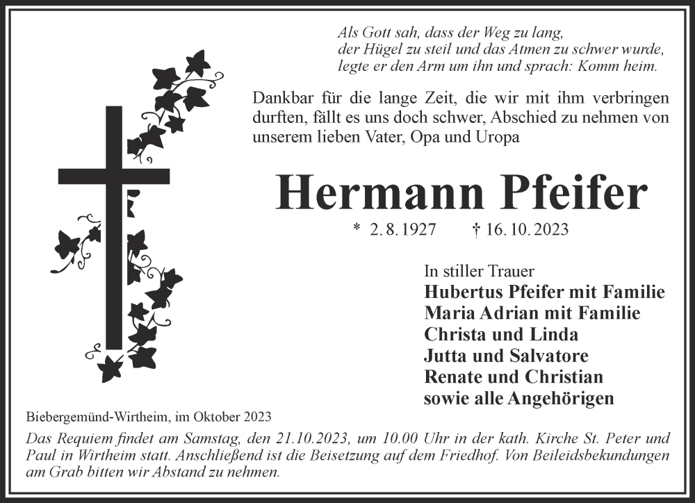  Traueranzeige für Hermann Pfeifer vom 21.10.2023 aus Mittelhessen-Bote