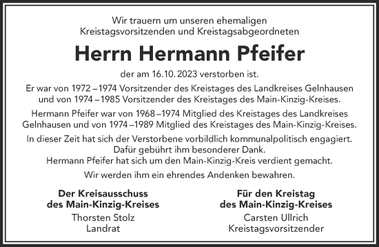 Traueranzeige von Hermann Pfeifer von Gelnhäuser Neue Zeitung