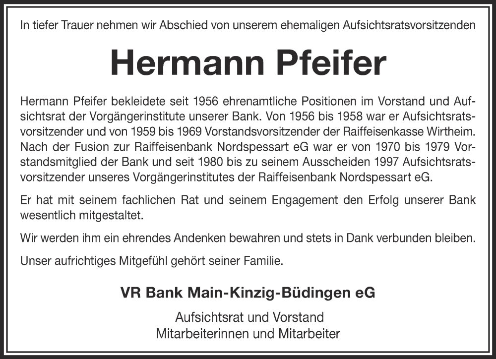  Traueranzeige für Hermann Pfeifer vom 21.10.2023 aus Gelnhäuser Neue Zeitung