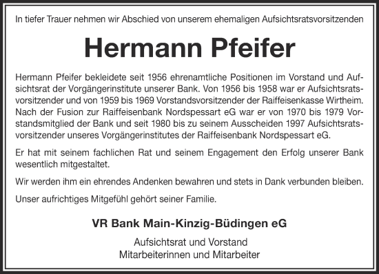 Traueranzeige von Hermann Pfeifer von Gelnhäuser Neue Zeitung