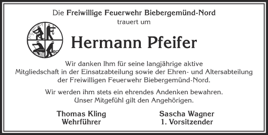 Traueranzeige von Hermann Pfeifer von Gelnhäuser Neue Zeitung