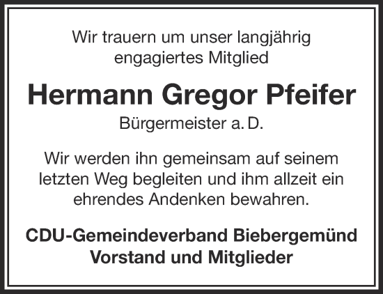 Traueranzeige von Hermann Gregor Pfeifer von Mittelhessen-Bote