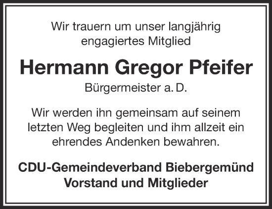 Traueranzeige von Hermann Gregor Pfeifer von Gelnhäuser Neue Zeitung