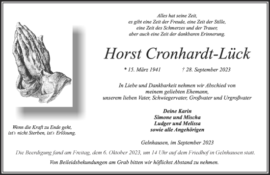 Traueranzeige von Horst Cronhardt-Lück von Mittelhessen-Bote