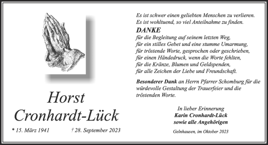 Traueranzeige von Horst Cronhardt-Lück von Gelnhäuser Neue Zeitung