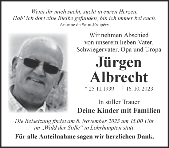 Traueranzeige von Jürgen Albrecht von Mittelhessen-Bote