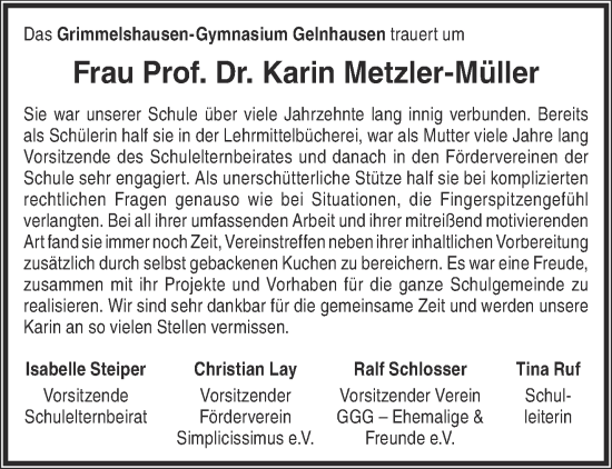 Traueranzeige von Karin Metzler-Müller von Gelnhäuser Neue Zeitung