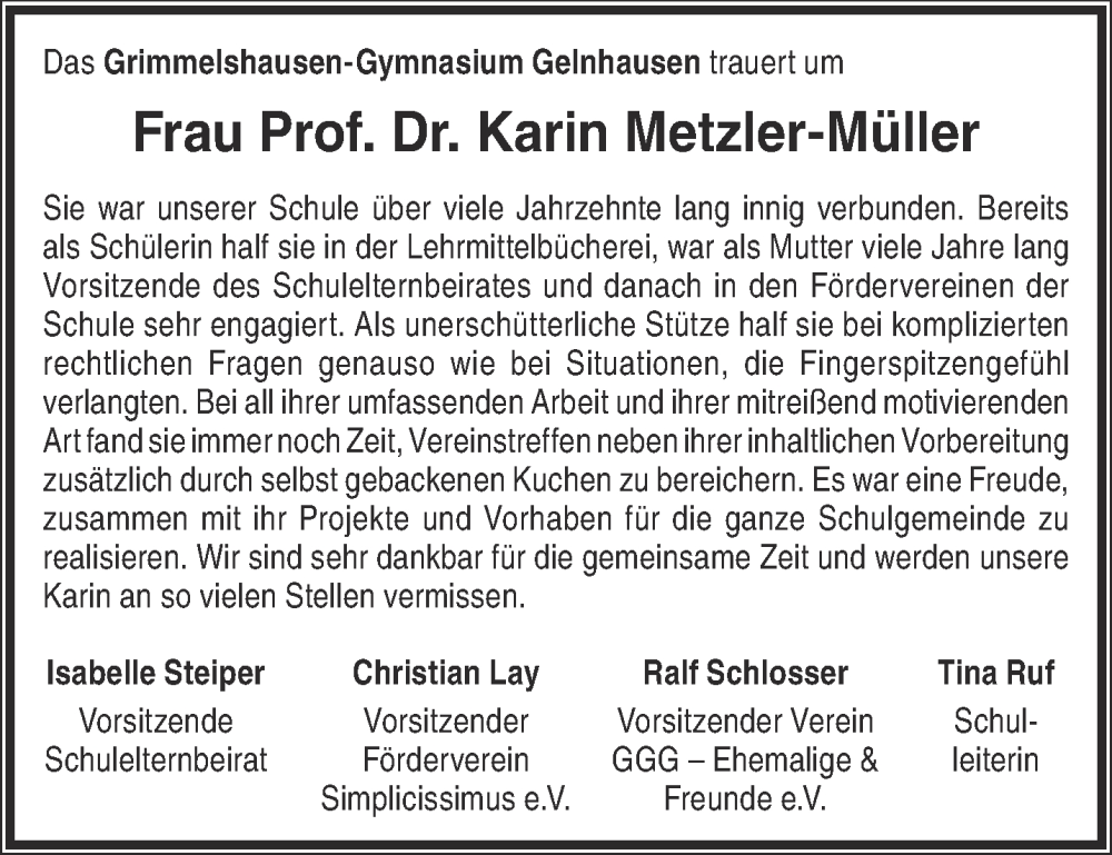  Traueranzeige für Karin Metzler-Müller vom 28.10.2023 aus Mittelhessen-Bote