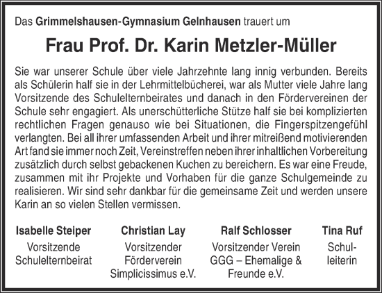 Traueranzeige von Karin Metzler-Müller von Mittelhessen-Bote