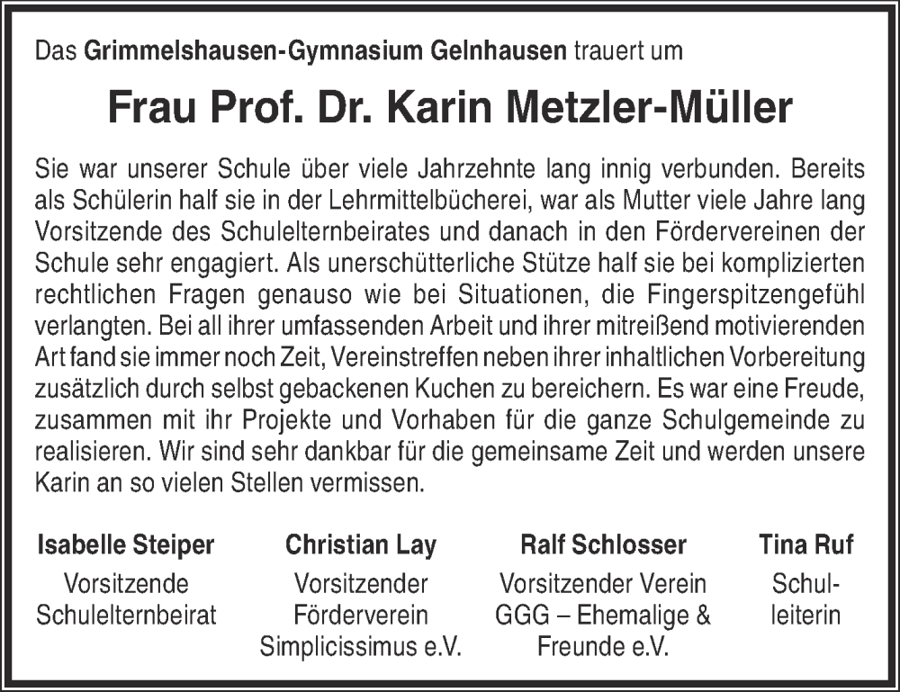 Traueranzeige für Karin Metzler-Müller vom 21.10.2023 aus Gelnhäuser Neue Zeitung
