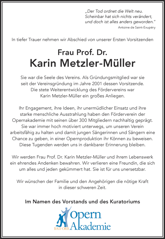 Traueranzeige von Karin Metzler-Müller von Gelnhäuser Neue Zeitung