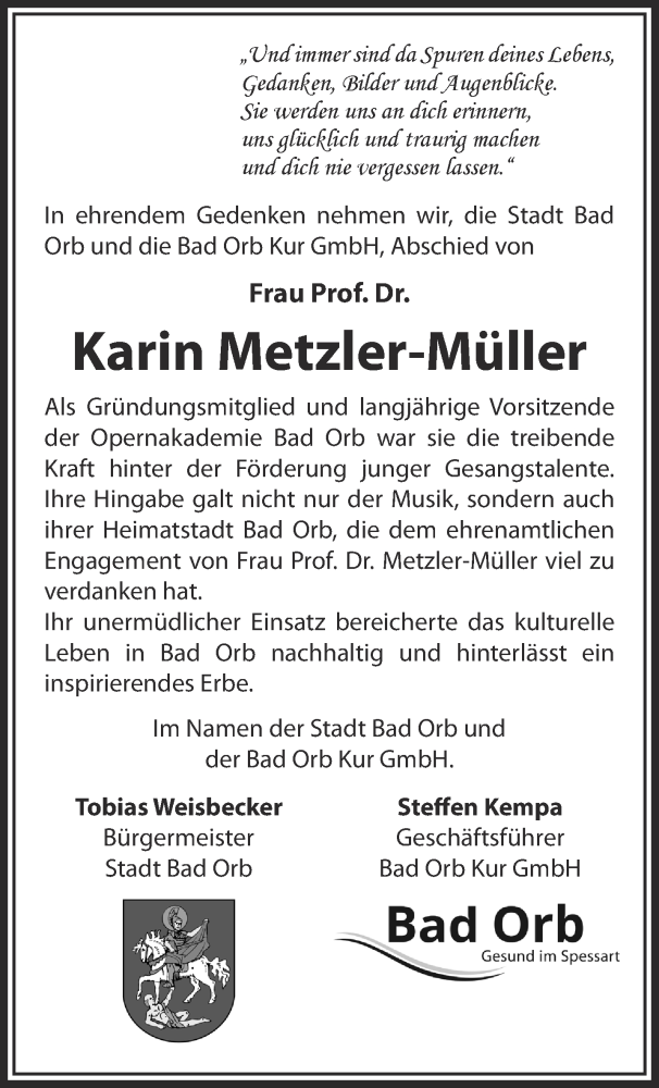  Traueranzeige für Karin Metzler-Müller vom 28.10.2023 aus Gelnhäuser Neue Zeitung