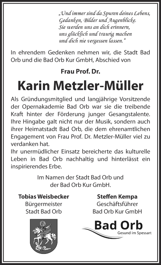 Traueranzeige von Karin Metzler-Müller von Gelnhäuser Neue Zeitung