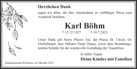 Traueranzeige von Karl Böhm von Gelnhäuser Neue Zeitung