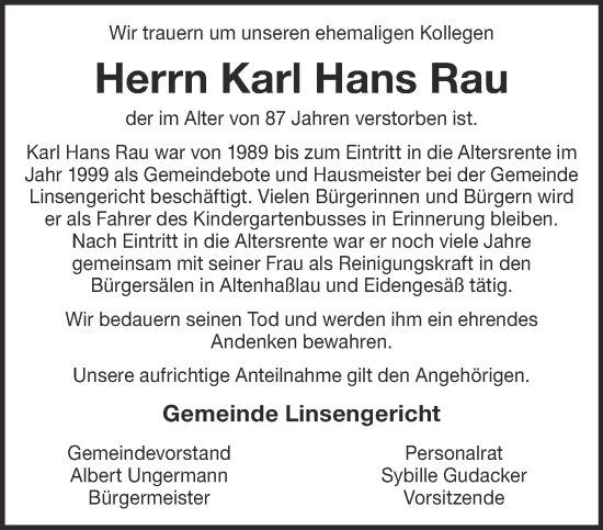 Traueranzeige von Karl Hans Rau von Gelnhäuser Neue Zeitung