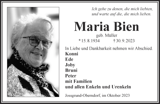 Traueranzeige von Maria Bien von Mittelhessen-Bote