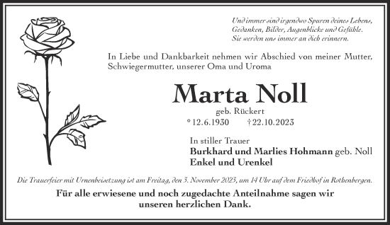 Traueranzeige von Marta Noll von Gelnhäuser Neue Zeitung