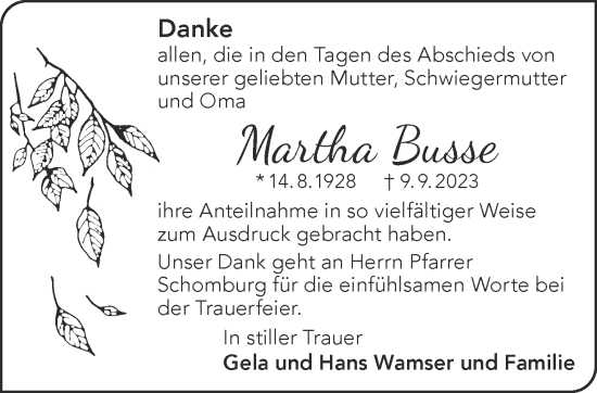 Traueranzeige von Martha Busse von Mittelhessen-Bote