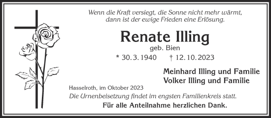 Traueranzeige von Renate Illing von Gelnhäuser Neue Zeitung