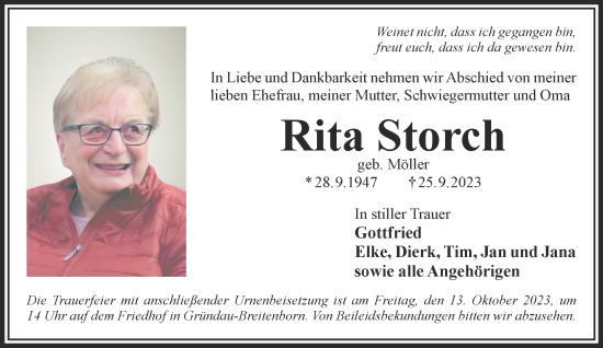 Traueranzeige von Rita Storch von Gelnhäuser Neue Zeitung