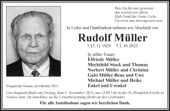 Traueranzeige von Rudolf Müller von Mittelhessen-Bote