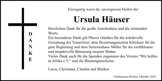 Traueranzeige von Ursula Häuser von Mittelhessen-Bote