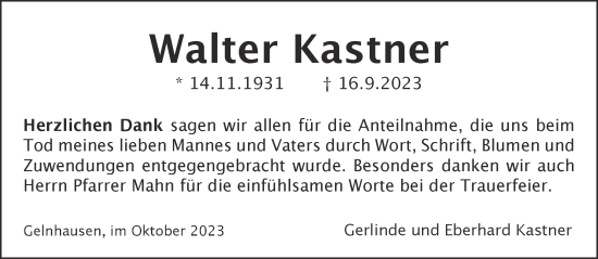 Traueranzeige von Walter Kastner von Gelnhäuser Neue Zeitung