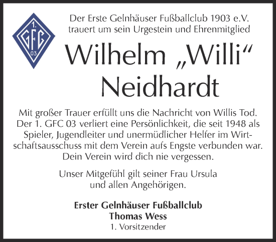 Traueranzeige von Wilhelm Neidhardt von Gelnhäuser Neue Zeitung