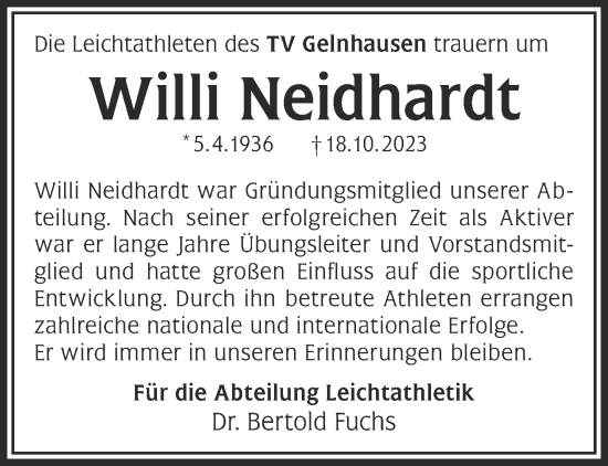 Traueranzeige von Willi Neidhardt von Gelnhäuser Neue Zeitung