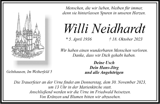 Traueranzeige von Willi Neidhardt von Gelnhäuser Neue Zeitung